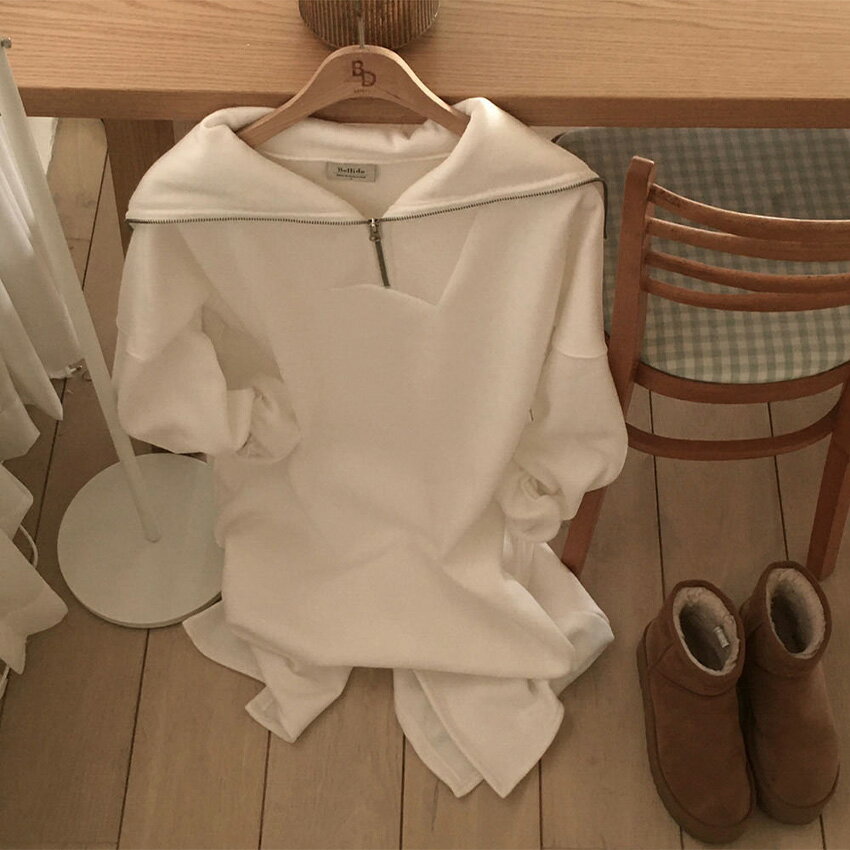 ops レディース 韓国ファッション スウェットワンピース ロングワンピース 長袖 ハーフジップ セーラーカラーネック裏起毛 両起毛 厚手 ゆったり 綿 コットン カジュアル 秋 冬 SSBEID