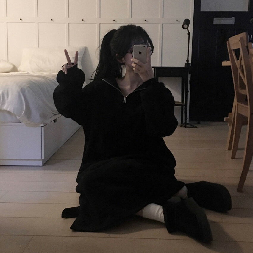 ops レディース 韓国ファッション スウェットワンピース ロングワンピース 長袖 ハーフジップ セーラーカラーネック裏起毛 両起毛 厚手 ゆったり 綿 コットン カジュアル 秋 冬 SSBEID