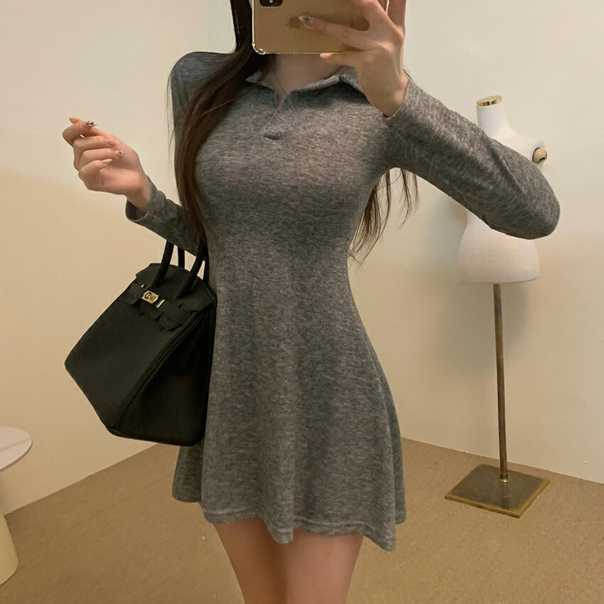 ops レディース 韓国ファッション 長袖 ミニワンピース ショート丈 オープンカラー Aライン タイト スリム セクシー フェミニン 秋 冬 SSSOON