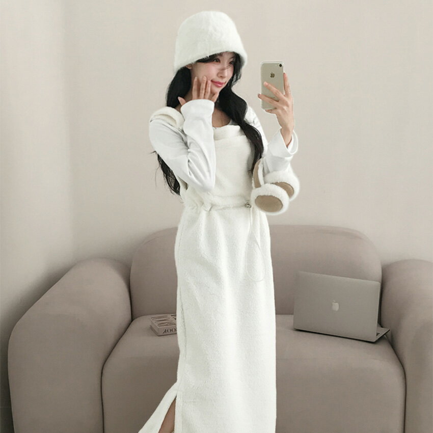 ops レディース 韓国ファッション サロペット ロングワンピース 肩紐アジャスター ボア ウエストストリング 裏地 サイドスリット シンプル ガーリー カジュアル 秋 冬 SSMSUG