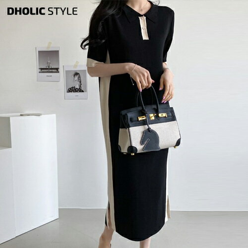 カラー配色ニットワンピース・p157792 レディース 【ops】 韓国ファッション ワンピース ロング カラー 襟 ポロカラ 半袖 ハーフスリーブ Hライン ルーズ ゆったり ニット 大人 上品 カジュアル 夏 STYLE