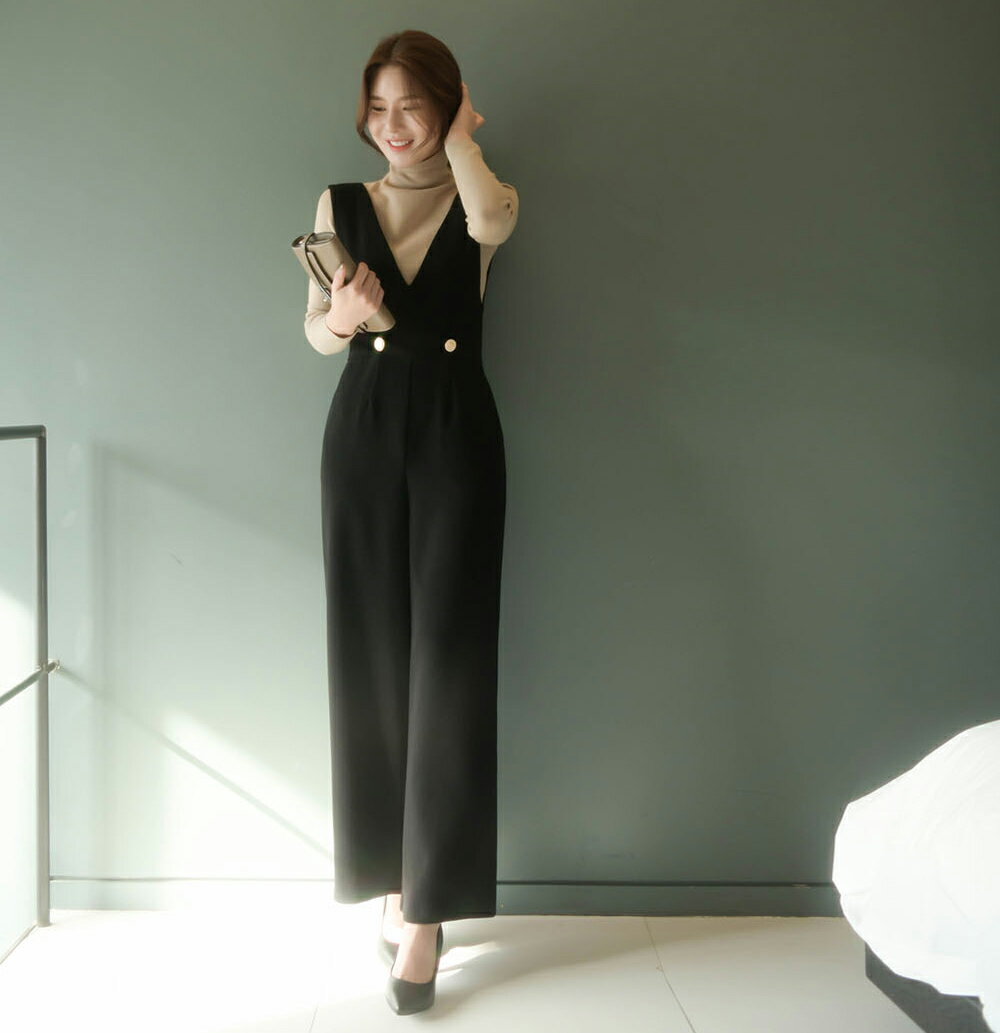 レディース 韓国ファッション パンツ Vネック ノースリーブ ゴールドボタン ロング...