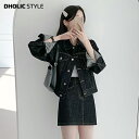 ノンウォッシュデニムジャケット&ミニスカートSET・p507281 レディース 【jk】 韓国ファッション セットアップ デニム ジャケット スカート ボトムス 長袖 ミニ丈 ダークカラー シンプル デイリー 着回しカジュアルレジャーお出かけ カジュアル