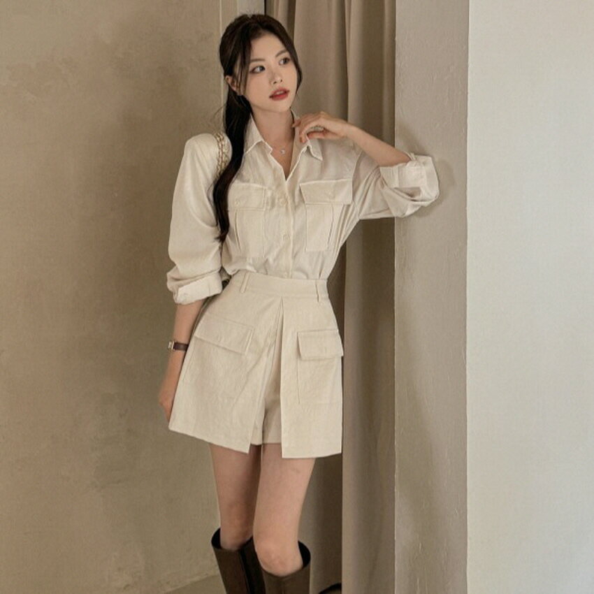 レーディス 韓国ファッション dholic 秋 fall autumn あき fw 春 spring はる ss フラップポケットシャツ&バックゴムショートパンツSET・p682836 セットアップ パンツセット 2点セット シンプル カジュアル デイリー highclassic