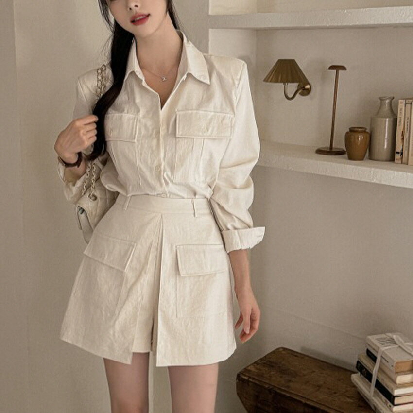 レーディス 韓国ファッション dholic 秋 fall autumn あき fw 春 spring はる ss フラップポケットシャツ&バックゴムショートパンツSET・p682836 セットアップ パンツセット 2点セット シンプル カジュアル デイリー highclassic