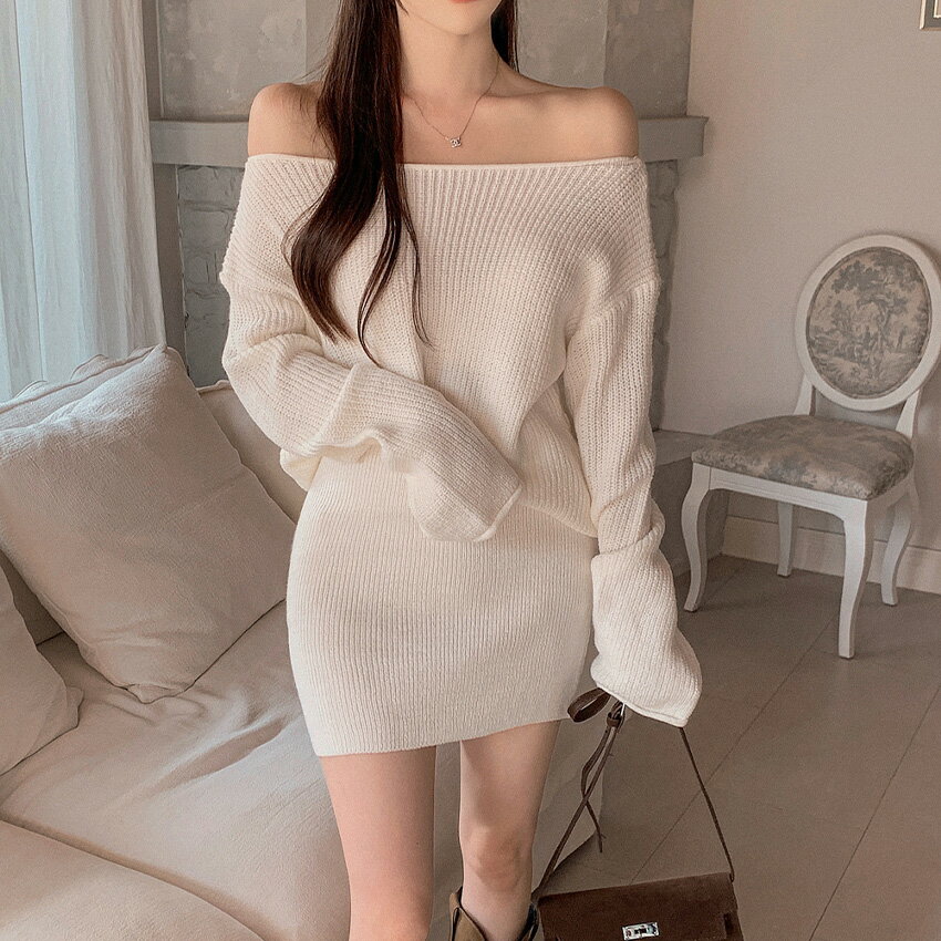 set レディース 韓国ファッション 上下セット トップス 長袖 オフショルダー ボートネック 鎖骨 ボトムス ミニスカート 伸びる 単色 セクシー フェミニン カジュアル 春 秋 SSHIGH