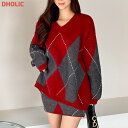 set レディース 韓国ファッション 上下セット トップス 長袖ニット Vネック ボトムス ミニスカート 伸びる アーガイル柄 シンプル フェミニン カジュアル...