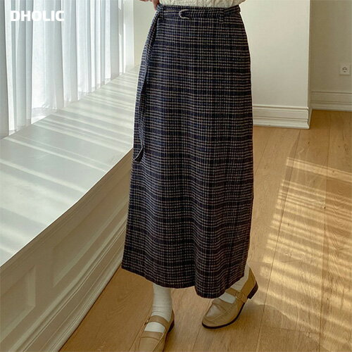 sk レディース 韓国ファッション ボトムス ロングスカート ベルトセット チェック柄 裏地 フェミニン カジュアル 秋 冬 SSDANG