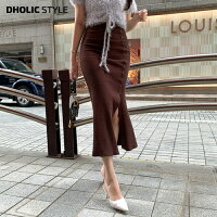 フェイクボタンスリムマーメイドスカート・p422623 レディース 【sk】スカート ロング丈 単色 無地 シンプル ベーシック フェイクボタン スリット タイト 細身 スリム マーメイド フェミニン 秋 冬 茶色 ブラウン 韓国ファッション STYLE
