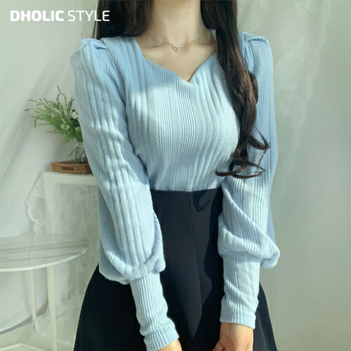ハートネックパフスリーブTシャツ・p493542 レディース 【tops】 韓国ファッション トップス Tシャツ ハートネック 長袖 パフバルーンスリーブ リブ セミクロップド ナチュラルライン 無地 パステル ラブリー デート お出かけ カジュアル 冬 STYLEのサムネイル