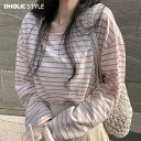 ラウンドネックボーダーTシャツ・p530180 レディース 【tops】 韓国ファッション トップス Tシャツ ボーダー ラウンドネック 爽やか 大人 定番 デイリー カジュアル ガーリー お出かけ レジャー 着回し 春 夏 カジュアル STYLE