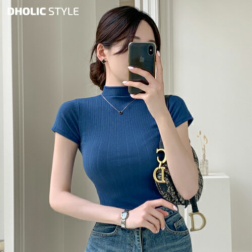 乐天商城 - ハーフネックスリム半袖Tシャツ・p534076 レディース 【tops】 韓国ファッション トップス Tシャツ 半袖 タイト スリムフィット モックネック ハーフネック 大人 フェミニンク セクシー スリム フィット タイト 春 夏 カジュアル STYLE