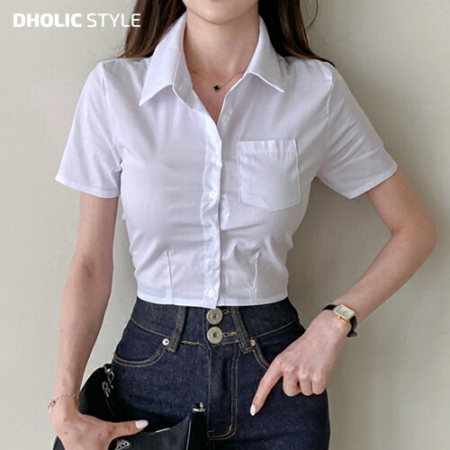 Rakuten - スリムクロップド半袖シャツ・ャツ・p536349 レディース 【tops】 韓国ファッション トップス シャツ ラウンドネック 半袖 ショートスリーブ クロップド ショート丈 スリム 無地 シンプル ベーシック デイリー 夏 春 カジュアル STYLE