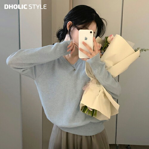乐天商城 - ソフトルーズVネックニット・p526446 レディース 【tops】 韓国ファッション トップス ニット 長袖 クロップド丈 ショート丈 Vネック ソフト お出かけ 単色 ガーリー オフィス フェミニン モード 春 夏 秋 冬 カジュアル STYLE