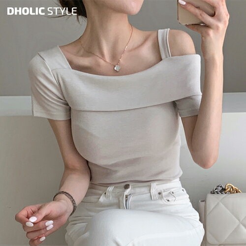 アンバランス半袖Tシャツ・p541372 レディース 【tops】 韓国ファッション トップス Tシャツ アンバランス ワンショルダー 折り返し スリムフィット お出かけ 着回し フェミニン 無地 半袖 春 夏 カジュアル STYLE