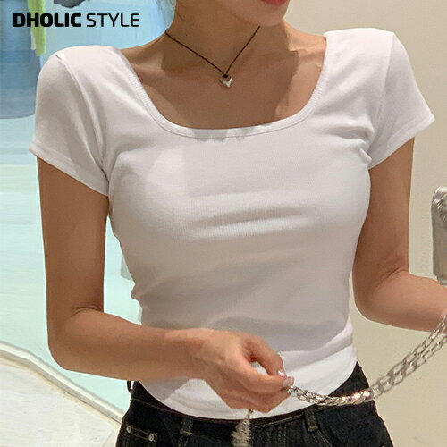 スクエアリブ半袖Tシャツ・p546057 レディース 【tops】 韓国ファッション トップス Tシャツ スクエアネック 半袖 リブ クロップド ショート丈 スリムフィット 細身 無地 シンプル ベーシック モノトーン デイリー 春 夏 カジュアル STYLEのサムネイル