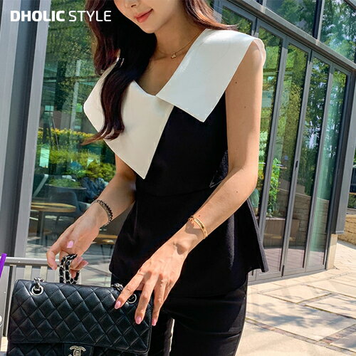 ★人気★ビッグカラーノースリーブブラウス・p553827 レディース 【bl】 韓国ファッション トップス ブラウス ノースリーブ ビッグカラー アンバランス お出かけ 着回し 上品 大人 フェミニン 夏 カジュアル SSMINAのサムネイル