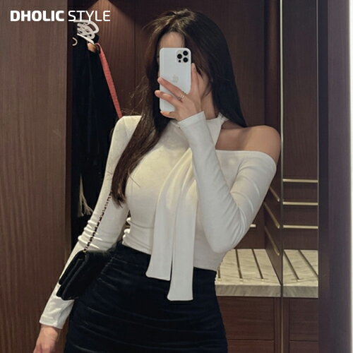 樂天商城 - ワンショルスカーフネックスリムTシャツ・p565323 レディース 【tops】 韓国ファッション トップス Tシャツ 長袖 ワンショルダー スカーフ 着回し レイヤード スリムフィット タイト フェミニン カジュアル カラバリ デイリー 春 秋 冬 STYLE