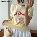 チェリーパイレタリング半袖Tシャツ・p568457 レディース  韓国ファッション トップス Tシャツ 半袖 ラウンドネック イラスト ロゴ プリント お出かけ 着回し ルーズフィット デイリー キュート ガーリー 夏 STYLE