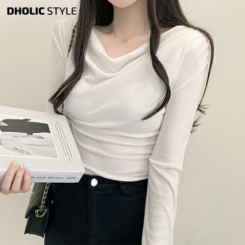 乐天商城 - シャーリングポイント長袖Tシャツ・p576024 レディース 【tops】トップス 長袖 シャーリング Tシャツ フェミニン 無地 シンプル お出かけ 着回し タイト スリム オフィス 秋 冬 STYLE 韓国ファッション デート