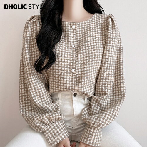 【新作10%OFF】ハウンドパフスリーブブラウス・p604844 レディース 【bl】トップス 長袖 ブラウス ラウンドネック パフスリーブ ガーリー ボタン デート 千鳥格子柄 お出かけ 秋 冬 STYLE 韓国ファッションのサムネイル