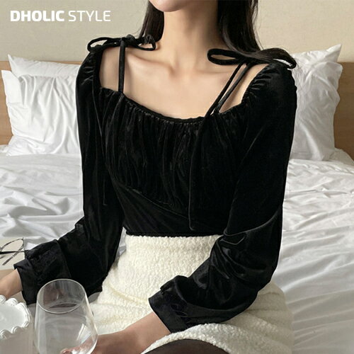 シャーリングベロアオフショルブラウス・p613808 レディース 【bl】トップス 長袖 ブラウス オフショル シャーリング ベロア リボン 鎖骨 デコルテ フェミニン ガーリー お出かけ デート 着回し 秋 冬 STYLE 韓国ファッション