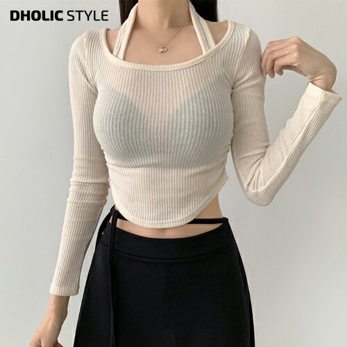 樂天商城 - ホルターネックシャーリングTシャツ・p627659 レディース 【tops】トップス 長袖 Tシャツ ホルターネック シャーリング スリムフィット カジュアル モード お出かけ 着回し 春 秋 冬 STYLE 韓国ファッション