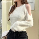 アシメスリットショルダーシャギーニット・p630370 レディース 【tops】トップス 長袖 ニット ラウンドネック シャギー アシンメトリー スリット クロップド丈 フェミニン 大人 お出かけ 春 秋 STYLE 韓国ファッション
