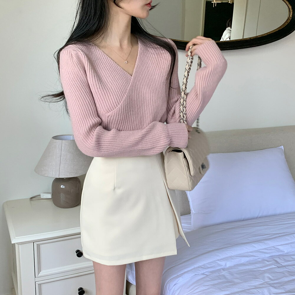 クロスリブニット・p630440 レディース 【tops】トップス 長袖 ニット クロス Vネック リブ フェミニン 大人 お出かけ 着回し 春 秋 冬 STYLE 韓国ファッション