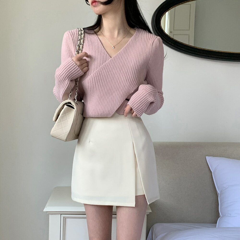 クロスリブニット・p630440 レディース 【tops】トップス 長袖 ニット クロス Vネック リブ フェミニン 大人 お出かけ 着回し 春 秋 冬 STYLE 韓国ファッション