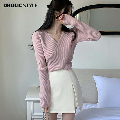 クロスリブニット・p630440 レディース 【tops】トップス 長袖 ニット クロス Vネック リブ フェミニン 大人 お出かけ 着回し 春 秋 冬 STYLE 韓国ファッション
