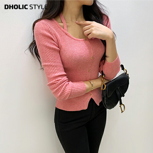 ホルターUネックリブボタンニット・...