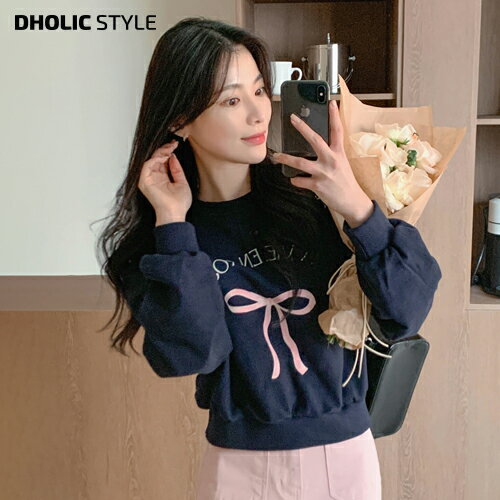 乐天商城 - リボンレタリングスウェット・p633150 レディース 【tops】トップス 長袖 スウェット ラウンドネック リボン レタリング カジュアル ガーリー お出かけ 春 STYLE 韓国ファッション
