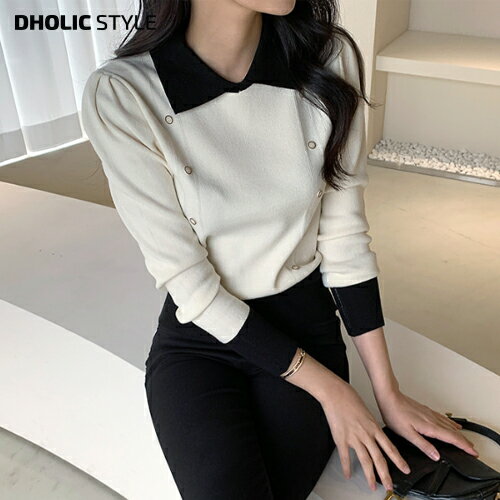 ダブルボタン配色カラーニット・p633720 レディース 【tops】トップス 長袖 ニット カラーネック パフスリーブ 配色 ボタン フェミニン 大人 お出かけ 着回し 春 秋 冬 STYLE 韓国ファッション