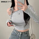 ワンショルストラップボーダーTシャツ・p630854 レディース 【tops】トップス 長袖 ワンショル ボーダー Tシャツ クロップド丈 ストラップ カジュアル 大人 お出かけ 着回し 春 STYLE 韓国ファッション