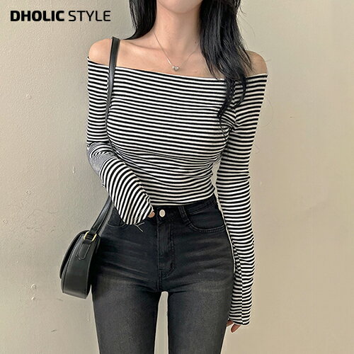 ボーダーオフショルスリムTシャツ・p627210 レディース 【tops】トップス 長袖 Tシャツ オフショル ボーダー スリムフィット 鎖骨 デコルテ カジュアル 大人 お出かけ 着回し 春 STYLE 韓国ファッション