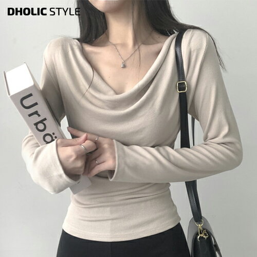 ドレープネックリブTシャツ・p641883 レディース 【tops】トップス 長袖 ドレープ Tシャツ フェミニン シンプル 大人 お出かけ 着回し 春 秋 SSLILI 韓国ファッションのサムネイル