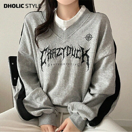 Vネック配色クロップドスウェット・p647186 レディース 【tops】トップス スウェット トレーナー 長袖 Vネック 配色 レタリング プリント クロップド ルーズ モノトーン カジュアル 春 秋 SSPEEL 韓国ファッションのサムネイル