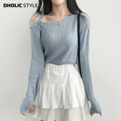 乐天商城 - ワンショルリボンポイントニット・p651633 レディース 【tops】トップス ニット 長袖 ワンショルダー リボン リブ ルーズフィット 無地 パステル フェミニン 春 秋 デート SSLILI 韓国ファッション