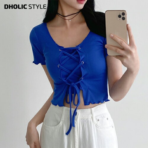 樂天商城 - ウェーブアイレット半袖Tシャツ・p662511 レディース 【tops】トップス Tシャツ 半袖 ウェーブ メロウヘム クロップド レースアップ リボン タイト 無地 カラフル 春 夏 SSDANG 韓国ファッション