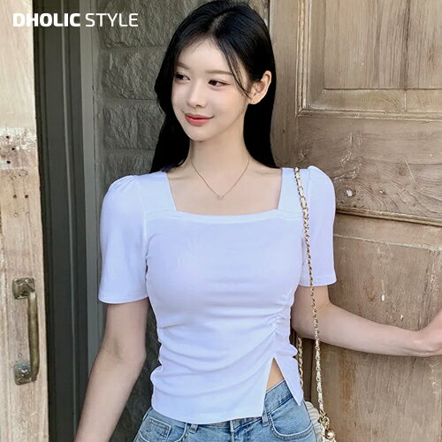 乐天商城 - レディース tops トップス クロップド 肌見せ パフスリーブ スリム 無地 フェミニン 春 夏 SSBLAN 韓国ファッション