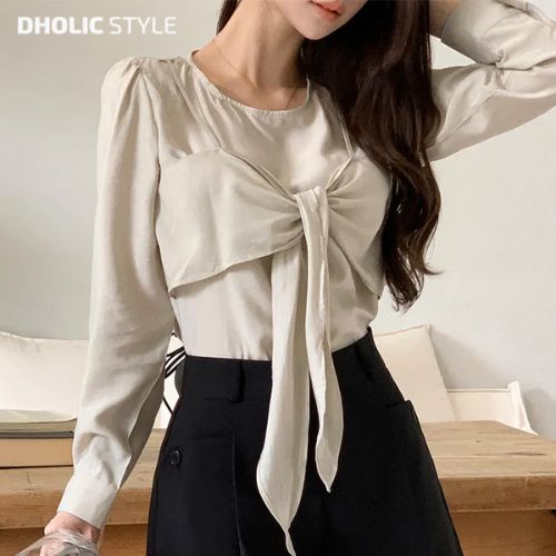 乐天商城 - レーディス 韓国ファッション dholic 秋 fall autumn あき fw 春 spring はる ss リボンビスチェレイヤード風ブラウス・p683124 ブラウス 長袖ブラウス フロントリボン 重ね着フェミニン ガーリー lovesomeone