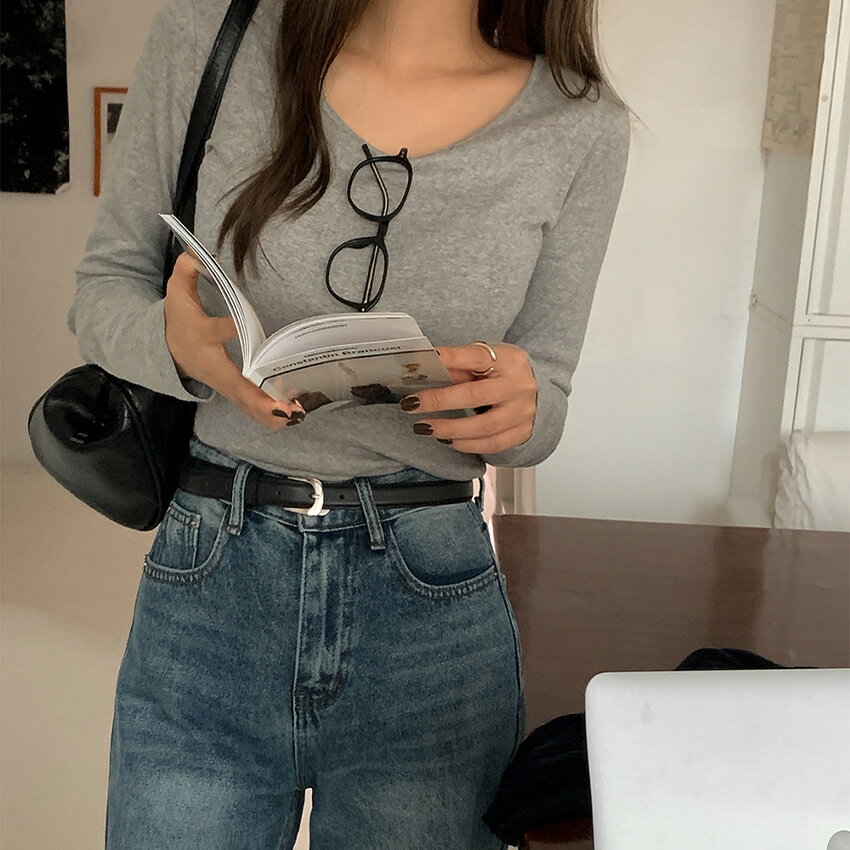 tops 韓国ファッション トップス カットソー 長袖 ミドル丈 綿 伸びる 細身 シンプル カジュアル フェミニン 大人 着回し デイリー お出かけ 春 秋 SSLSOM