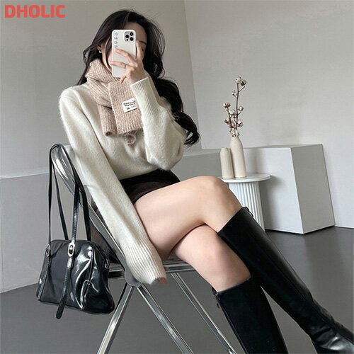 kn レディース 韓国ファッション トップス ニット 長袖 ラウンドネック クロップド 伸びる 厚手 無地 シンプル フェミニン カジュアル 着回し 秋 冬 SSGANA(4)