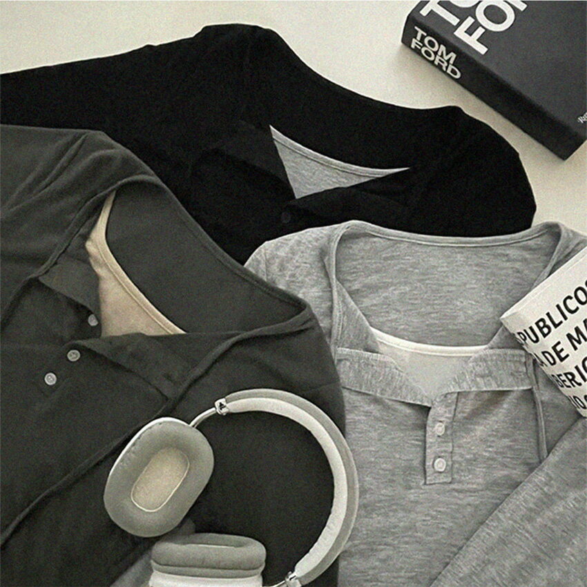 tops レディース 韓国ファッション トップス カットソー 長袖 ハーフボタン ストラップ レイヤード 鎖骨 着回し デイリー フェミニン カジュアル 春 秋 冬 SSPEEL