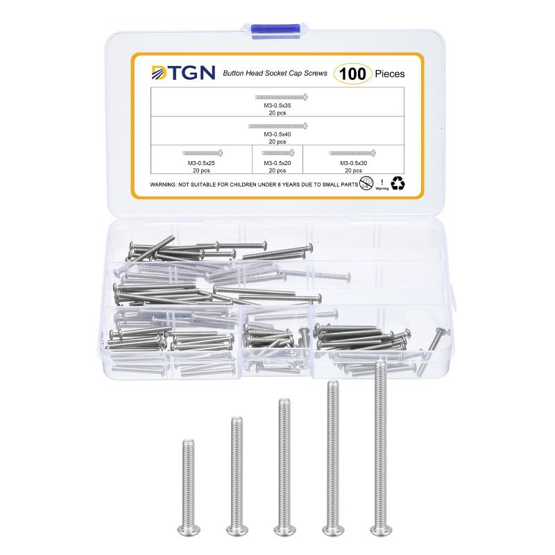 DTGN 100個M3-0.5x20/25/30/35/40mmボタンヘッドソケットキャップスクリュー - 304ステンレススチールボルトナットセットワッシャーアソートメントキット - ロードバイク マウンテンバイク オート用