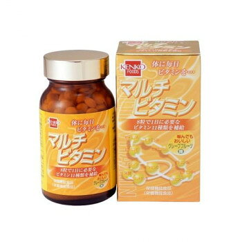 8粒で1日に必要な11種類のビタミンを摂取することが出来る栄養機能食品です。1日8粒を目安に、水またはぬるま湯などでお召し上がりください。ビタミンB1は、炭水化物からエネルギーの産生と皮膚や粘膜の健康維持を助ける栄養素です。ビタミンB2・パントテン酸及びナイアシンは、皮膚や粘膜の健康維持を助ける栄養素です。ビタミンB6は、たんぱく質からのエネルギーの産生と皮膚や粘膜の健康維持を助ける栄養素です。ビタミンB12は、赤血球の形成を助ける栄養素です。ビタミンCは、皮膚や粘膜の健康維持を助けるとともに、すばらしい作用を持つ栄養素です。ビタミンDは、腸管でのカルシウムの吸収を促進し、骨の形成を助ける栄養素です。ビタミンEは、すばらしい作用により、体内の脂質を酸化から守り、細胞の健康維持を助ける栄養素です。商品区分栄養機能食品内容量240粒サイズ個装サイズ：15×15×20cm重量個装重量：500g仕様賞味期間：製造日より910日生産国日本※掲載納期は目安であり、商品欠品の場合、お時間をいただいたり、完売の場合もございます。仕様・パッケージなどは予告無く変更となる場合もございます。一部メーカー・仕入れ先からの直送商品等は、沖縄・離島・北海道へは配送不可(又は送料加算)となる場合もございます。広告文責:株式会社ノースウェブ　Tel 0144-52-00184973044093146栄養成分【8粒(2000mg)あたり】エネルギー 8.4kcal、たんぱく質0.09g、脂質01g、炭水化物1.69g、食塩相当量0g、ビタミンA 750μg、ビタミンB1 1.4mg、ビタミンB2 1.1mg、ビタミンB6 1.4mg、ビタミンB1　22.4μg、ビタミンC　100mg、ビタミンD　5.0μg、ビタミンE　9.0mg、パントテン酸5.0mg、ナイアシン15mg、葉酸240μg原材料名称：ビタミン含有食品還元麦芽糖水飴(国内製造)、ぶどう糖(国内製造)、乳糖、グループフルーツ濃縮果汁末、デキストリン、硬化ナタネ油(食用精製加工油脂)/ビタミンC、ショ糖脂肪酸エステル、香料、ナイアシン、ビタミンE、パントテン酸CA、甘味料(アスパルテーム・L-フェニルアラニン化合物)、ビタミンB1、ビタミンB2、ビタミンB6、ビタミンA、葉酸、ビタミンD、ビタミンB12製造（販売）者情報製造:健康フーズ(株)厚木工場、販売:健康フーズ(株)