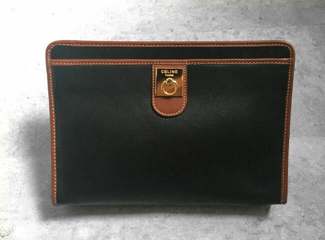 【CELINE】セリーヌ・ヴィンテージクラッチバッグ 鞄　革 白　ブラック レザー　BRACK v1212【DIGDELICA】ディデリカ