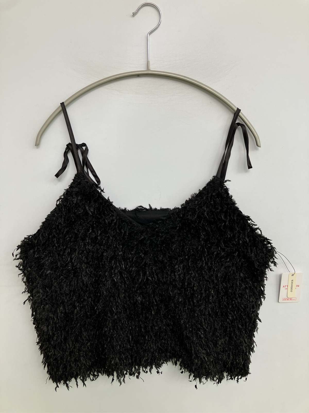【中古】キャミソール L ブラック 無地 フリンジ リボン カップなし レディース