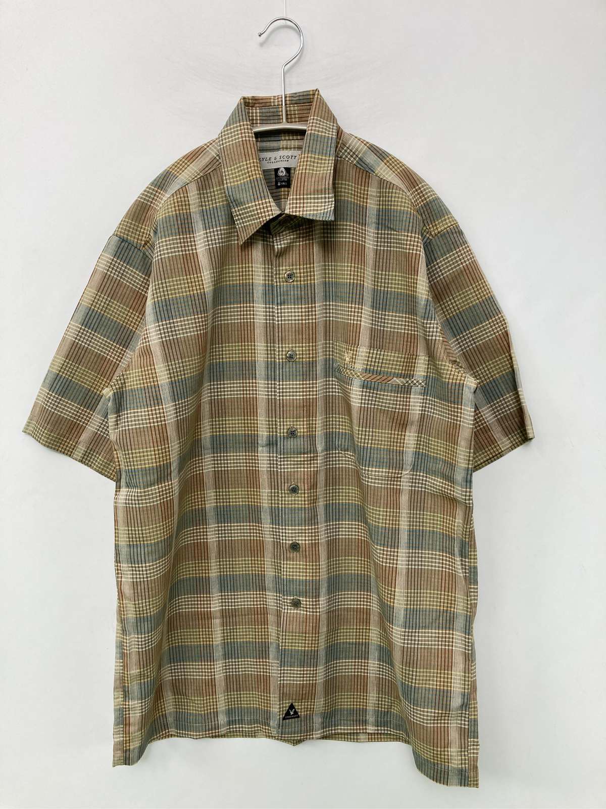【中古】LYLE&SCOTT ライルアンドスコット シャツ/ブラウス S ベージュ ウール・ニット チェック柄 ワンポイント ミドル丈 半袖 レギュラーカラー メンズ